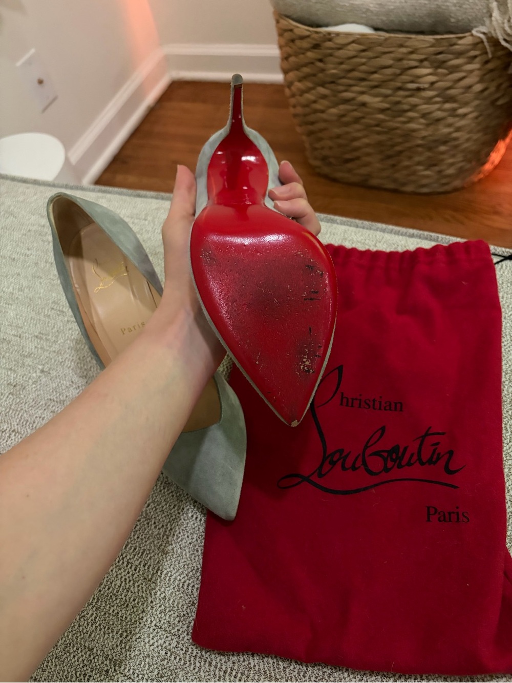 Christian Louboutin Grey Suede Pointed Toe Pumps - Picture 8 of 9